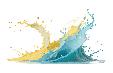 Fototapeta premium Yellow and light blue paint splashes forming dynamic wave effect on white background with droplets suitable for creative templates decorative projects or modern abstract design compositions