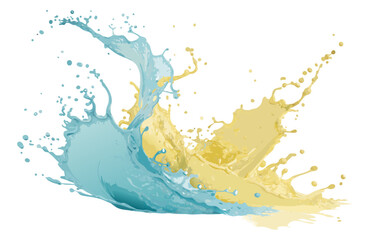 Obraz premium Yellow and light blue paint splashes forming dynamic wave effect on white background with droplets suitable for creative templates decorative projects or modern abstract design compositions