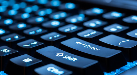 Close up of a glowing blue backlit computer keyboard with focus on keys