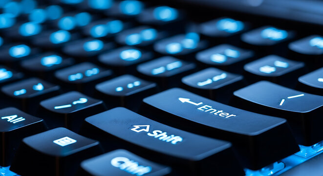 Close up of a glowing blue backlit computer keyboard with focus on keys