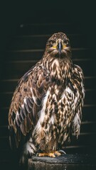 A golden eagle perches majestically on top of a sheer cliff.