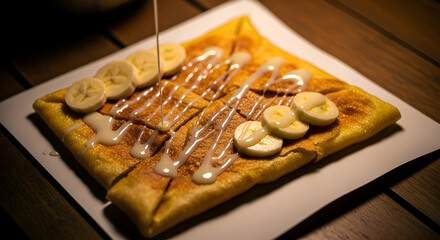 Delicious banana crepe drizzled with sweet creamy sauce on a white plate ready to eat