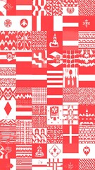 Red and white abstract design composed of numerous flag-like shapes