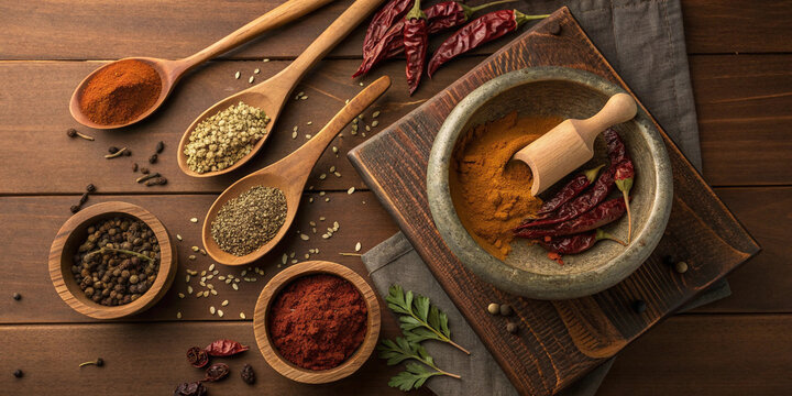 Dried chili peppers and ground spices displayed on wooden board with mortar and pestle suitable for mexican cuisine projects culinary ingredient visuals food branding and spice packaging templates