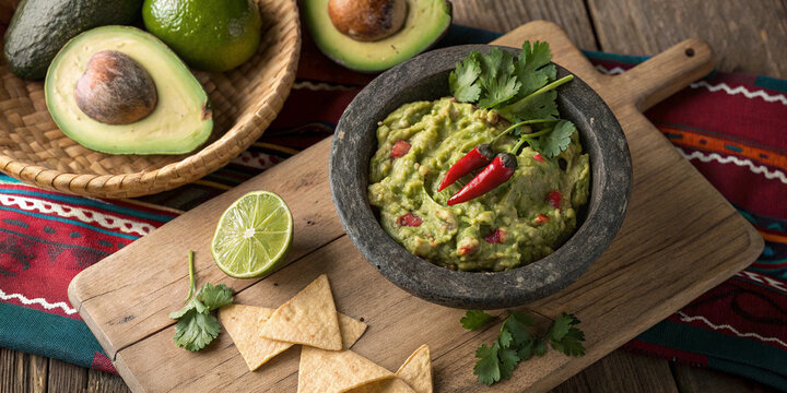 Fresh guacamole in stone mortar with pestle served with tortilla chips and lime slices suitable for mexican cuisine food packaging restaurant menus and culinary promotional graphics