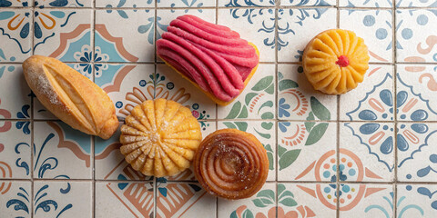 Pink conchas and sugar coated churros arranged on talavera tiles suitable for mexican culinary heritage projects bakery branding traditional dessert visuals and food packaging templates