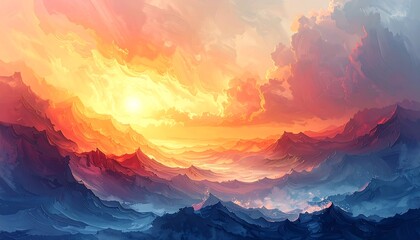 A vibrant, stylized depiction of a sunset over layered mountain ranges. Warm, golden light breaks through dramatic, swirling clouds