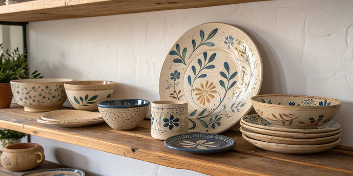 Hand painted talavera pottery with plates bowls and mug arranged on rustic wooden shelves suitable for mexican craftsmanship projects cultural heritage visuals kitchen decor branding, design templates