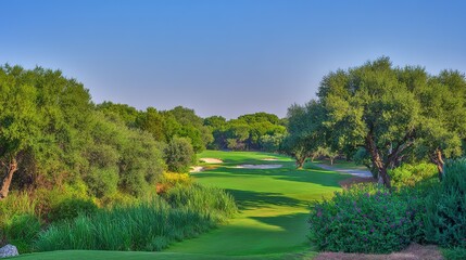 Naklejka premium fairway. Vast green golf course under bright sunlight, capturing the tranquility of open landscapes. travel magazines, destination branding, designed for outdoor magazines and nature guides.