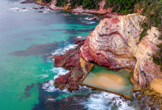 Aerial views of ocean rock pool  in Eden Australia