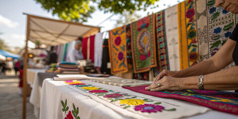 Street vendor arranging handcrafted textiles at open air market suitable for mexican craftsmanship projects cultural heritage visuals traditional design templates and artisanal product branding