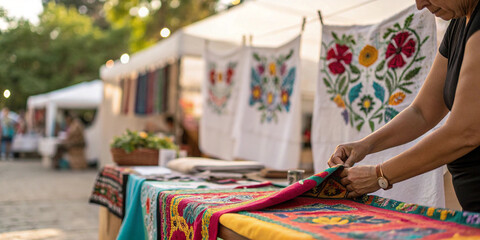 Street vendor arranging handcrafted textiles at open air market suitable for mexican craftsmanship projects cultural heritage visuals traditional design templates and artisanal product branding