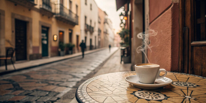Coffee cup on decorative tile table at mexican cafe with sunrise street scene suitable for beverage projects cultural lifestyle visuals restaurant branding and promotional templates