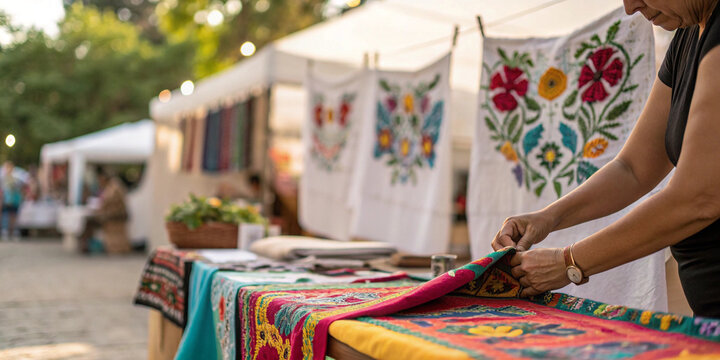 Street vendor arranging handcrafted textiles at open air market suitable for mexican craftsmanship projects cultural heritage visuals traditional design templates and artisanal product branding