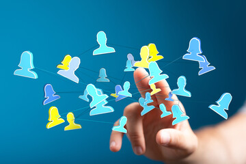 Hand pointing at digital avatars. Concept of social network, internet connections, communication,...