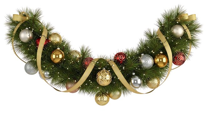 A festive Christmas garland adorned with shiny ornaments and golden ribbons, perfect for holiday decoration.