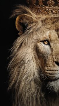 Close-up of a regal lion wearing a gold crown, amber eyes, and a thick mane, exuding noble powerful