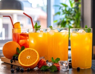 Several tall glasses with fruity drinks and garnishes