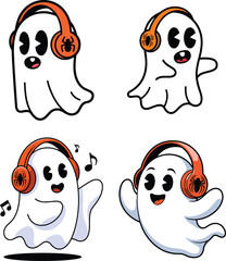 Obraz premium Cute Cartoon Ghost with Spider Headphones Halloween Set White Spirit Wearing Orange Earphones Fun Character Collection
