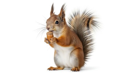 A curious red squirrel holding a nut, captured in a studio setting with a clean white background