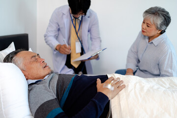 scene of bedridden patient, illness senior man with infectious disease, doctor checking result. home caregiver nurse visit retire couple for health check up recovery process medical service