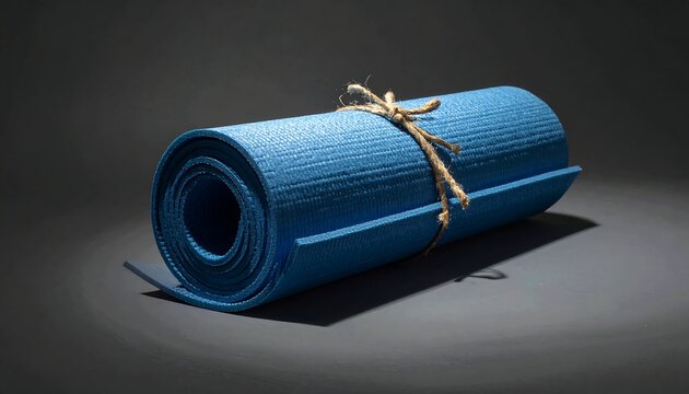 Rolled blue exercise mat tied with twine, backlit on a dark background - Powered by Adobe