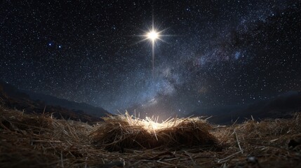 Star of Bethlehem: A radiant celestial star shines brightly over a manger filled with hay, evoking a sense of reverence and wonder under the awe-inspiring canvas of the night sky.. Generative Ai
