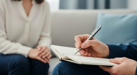 Therapist taking notes during a counseling session with a patient in a comfortable setting