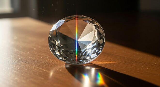 Crystal sphere refracting a rainbow spectrum on wooden surface under warm sunlight emphasizing refractive properties