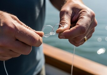 Hands meticulously tying a fishing knot, showcasing expertise and preparation