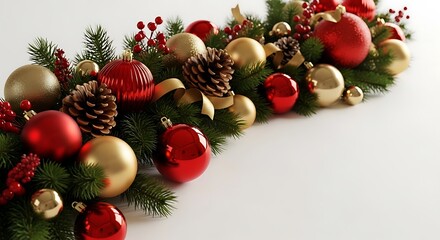 A festive Christmas garland adorned with red and gold baubles, pinecones, and evergreen branches.