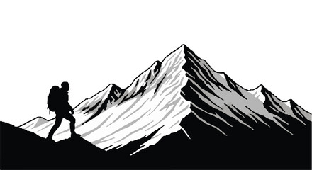 Lone hiker silhouetted against majestic snow-capped mountain peak, symbolizing achievement and adventure.