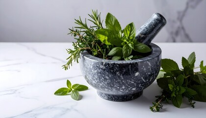 Fresh herbs being crushed in a mortar and pestle on a white marble countertop, creating a natural, aromatic, and therapeutic atmosphere.