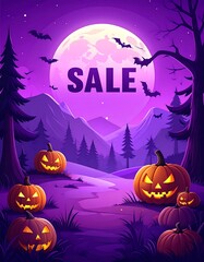 A vibrant Halloween scene at night. A large moon and bats silhouette in the sky. Pumpkins are lit, on a path with trees. "SALE" is written