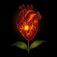 Cybernetic heart pulsing above a mango leaf 