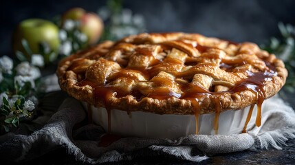 A golden brown homemade pie with a lattice crust and rich caramel drizzle artfully presented