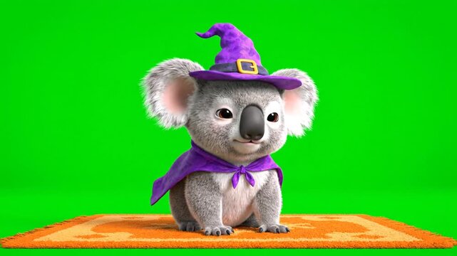 Enchanting 3D Animation of a Charming Koala Character Dressed in a Purple Witch Costume with Matching Hat Isolated by Green Screen Sitting on a Patterned Rug Perfect for Halloween Themed Projects and