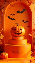 A vibrant Halloween scene with an orange carved pumpkin, bats, and autumnal foliage on a layered pedestal and background