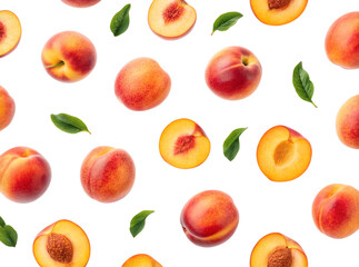 Naklejka premium peach fruit, summer fruit, organic food, juicy peaches, healthy fruit, fruit background, sweet peach, ripe fruit, tropical pattern, fresh produce