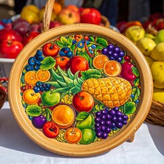 A vibrant, hand-painted ceramic plate displays a colorful fruit arrangement, including pineapple, grapes, and berries, resting on a white tablecloth