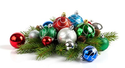 A festive arrangement of colorful Christmas ornaments and pine branches on a white background.