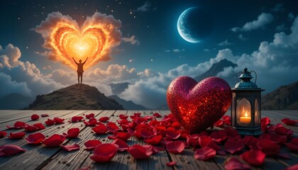 Heartshaped cloud and heart on a wooden floor with rose petals under a moonlit sky at night