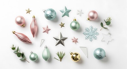 A flat lay arrangement of pastel-colored Christmas ornaments and eucalyptus sprigs on a white background.