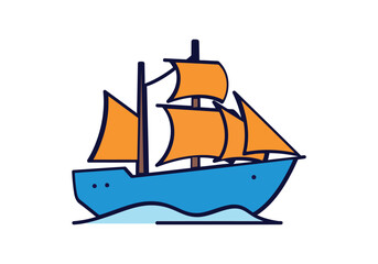 Simple Flat Line Style Sailing Ship with Orange Sails Icon