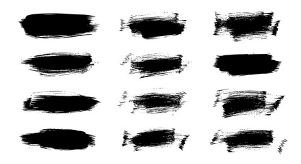 Set of twelve rough black brush stroke elements on a white background illustrating texture and artistic expression for design projects