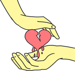 Two Hands Sharing a Melting Broken Heart Vector Art. Emotional vector art showing a dripping broken heart being passed between two hands. Great for romance, relationship loss, and healing themes