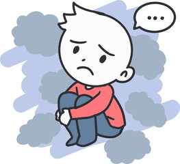 Anxious Boy Sitting in Dark Mood Vector Cartoon. Emotional vector illustration representing sadness, worry, and inner struggle with a boy sitting alone in dark atmosphere