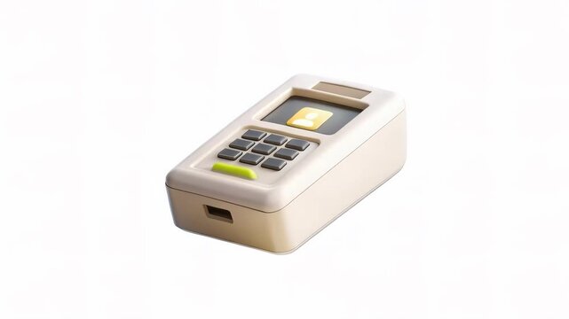 A modern security device with a numeric keypad and screen displaying a user icon.