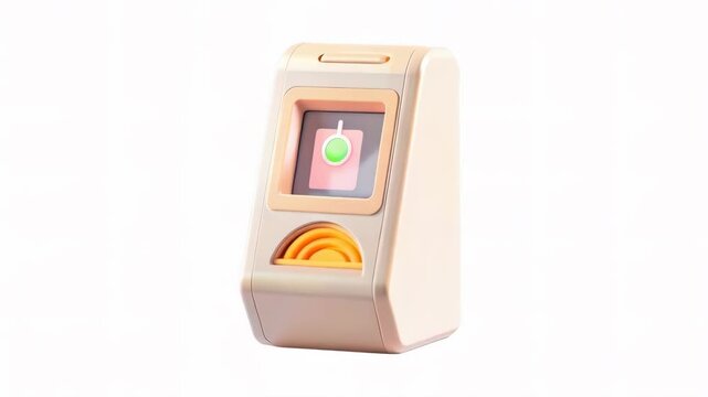 A modern, minimalistic device with a touch screen interface and a circular button.