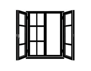 Obraz premium Black and white illustration depicts a partially open, multi-paned window